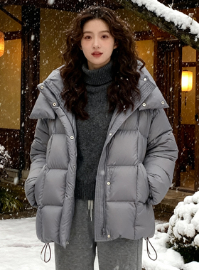 ROCOCO/洛可可连帽方格白鸭绒羽绒服女款2025冬季保暖中长款外套