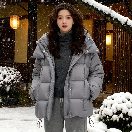 ROCOCO/洛可可连帽方格白鸭绒羽绒服女款2025冬季保暖中长款外套