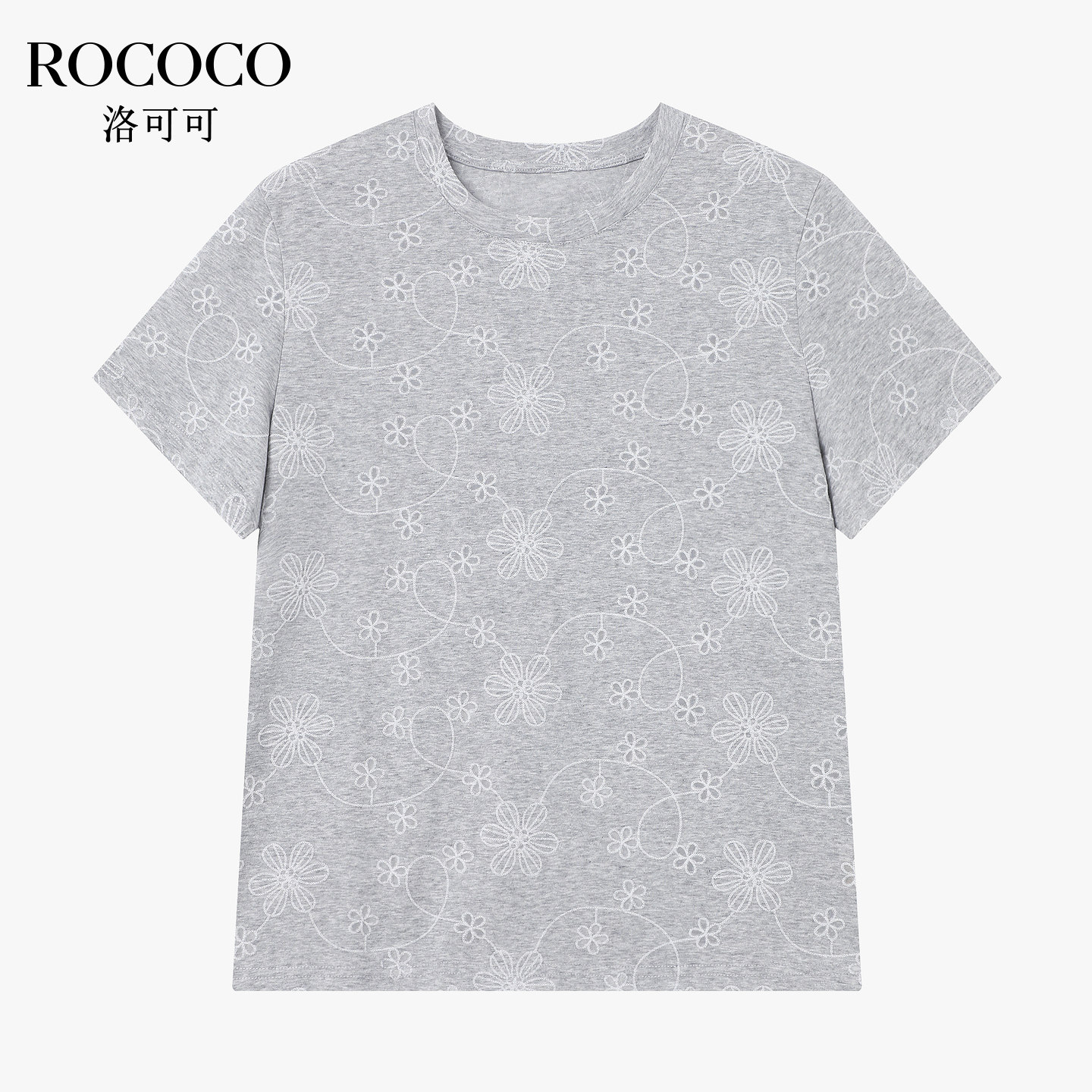 ROCOCO/洛可可简约蓝色花朵短袖T恤女夏季圆领休闲气质上衣