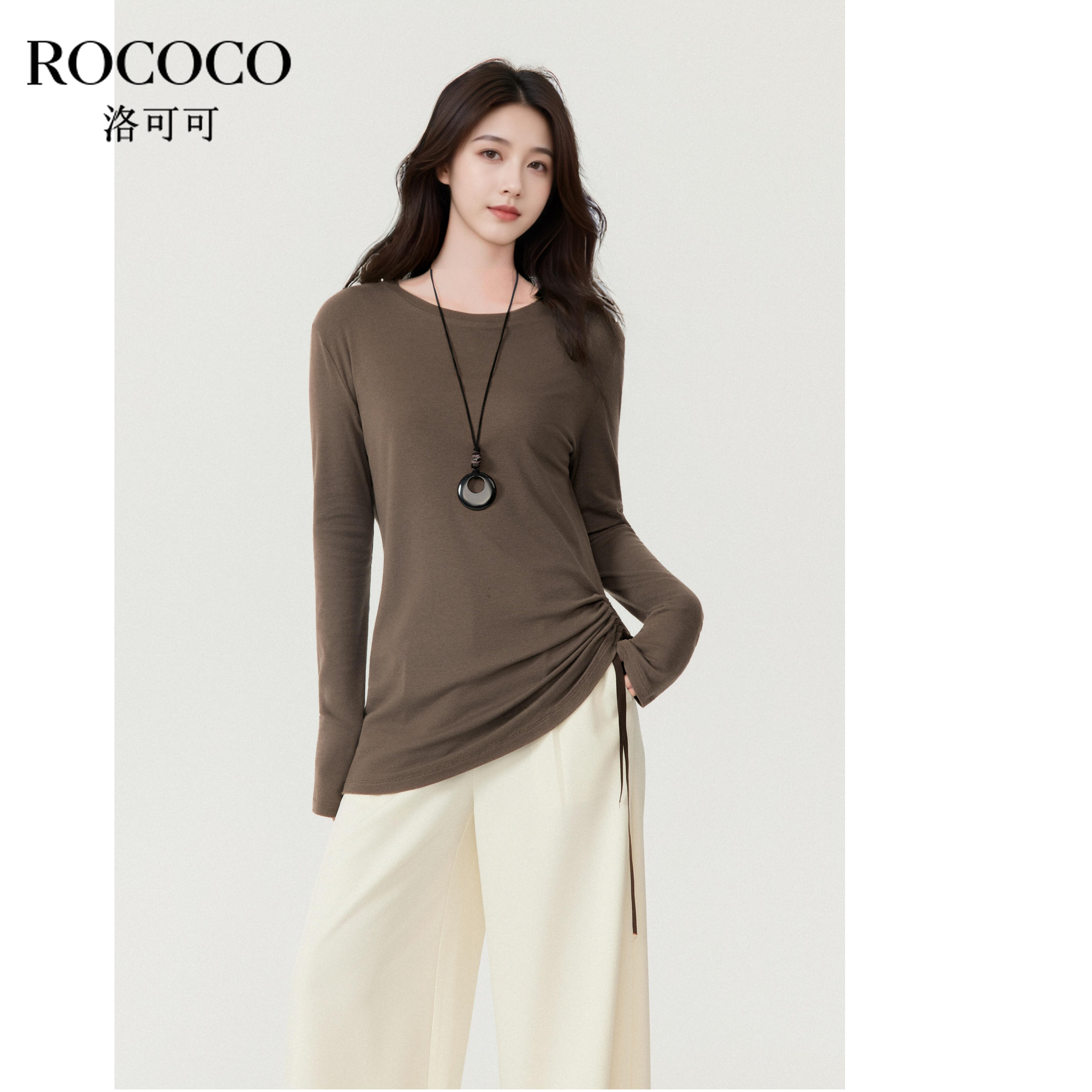 ROCOCO/洛可可简约长袖抽绳T恤女2025秋冬修身显瘦套头修身上衣