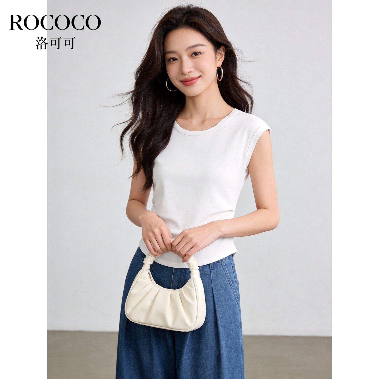 ROCOCO/洛可可纯色褶皱收腰T恤女26夏季新款运动莫代尔短袖