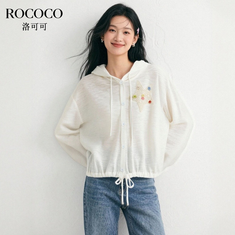 ROCOCO/洛可可秋季新款轻薄长袖连帽刺绣设计感简约套头针织衫女