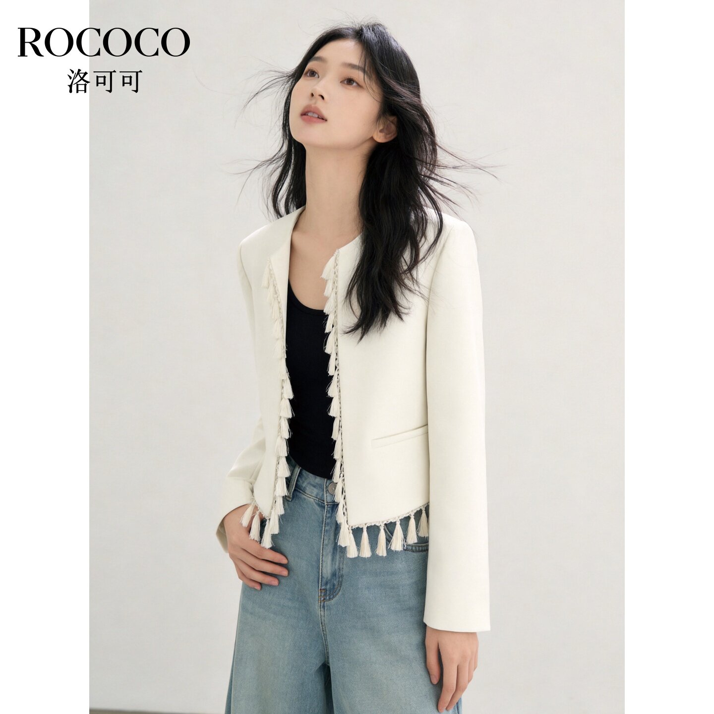 ROCOCO/洛可可流苏装饰西装外套2026春简约气质短款上衣女