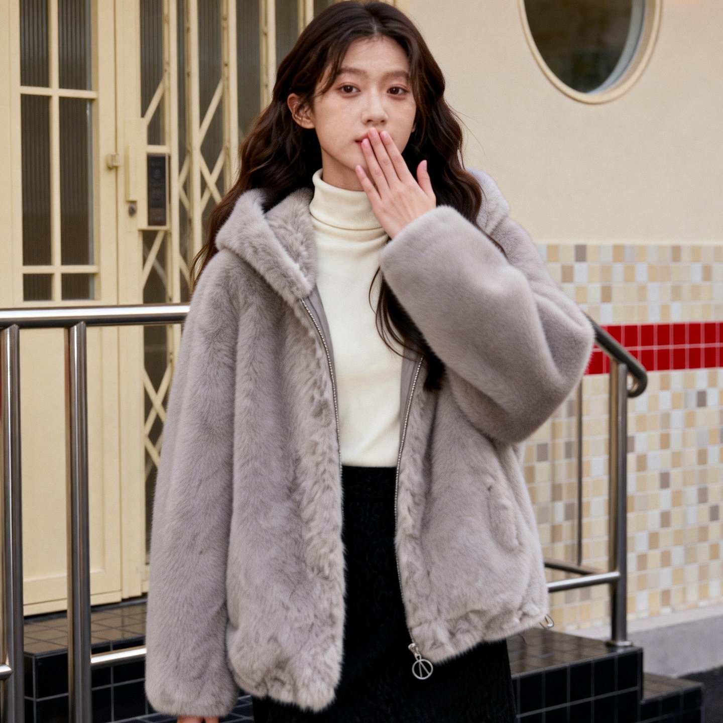 ROCOCO 洛可可浅灰色毛绒连帽短外套女拉链设计保暖休闲秋冬上衣