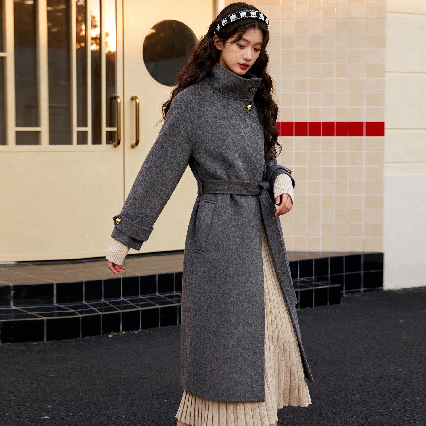 ROCOCO/洛可可系带收腰双面毛呢大衣女纽扣装饰秋冬中长款外套