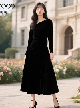 ROCOCO/洛可可黑色收腰连衣裙女2025秋季新款高级流行中长款裙子