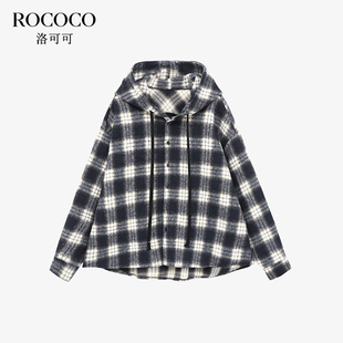ROCOCO 上衣 洛可可美式 撞色格子外套女休闲抽绳连帽宽松排扣长袖