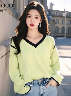 ROCOCO/洛可可慵懒风撞色V领针织衫2025春季流行宽松短款长袖上衣
