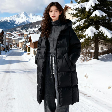 ROCOCO/洛可可韩版双拉链立领羽绒服2025冬连帽中长款白鸭绒外套