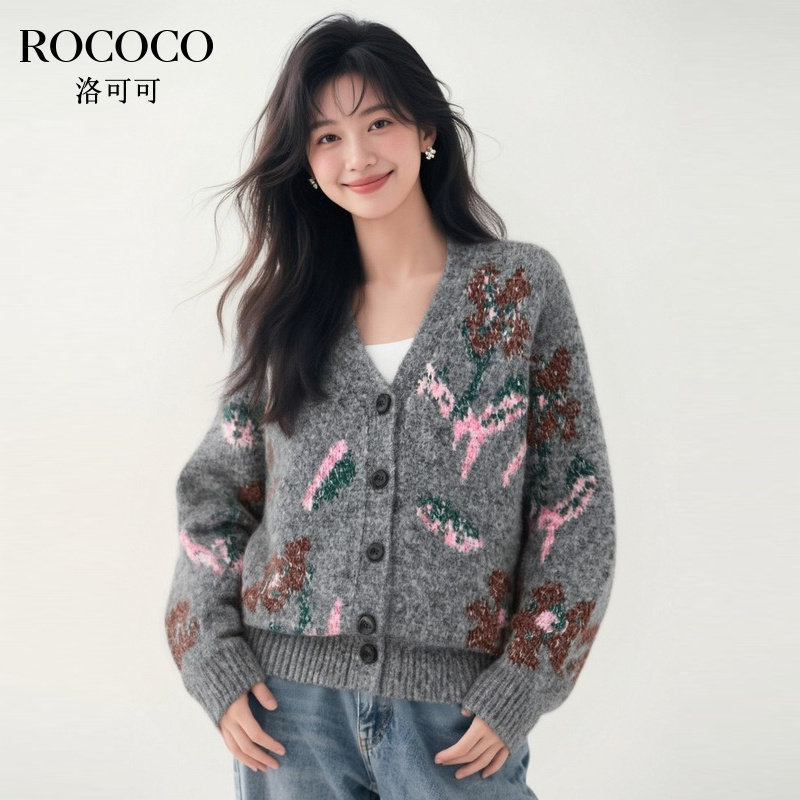 ROCOCO/洛可可慵懒风宽松印花毛衣秋冬显瘦减龄V领开衫外套