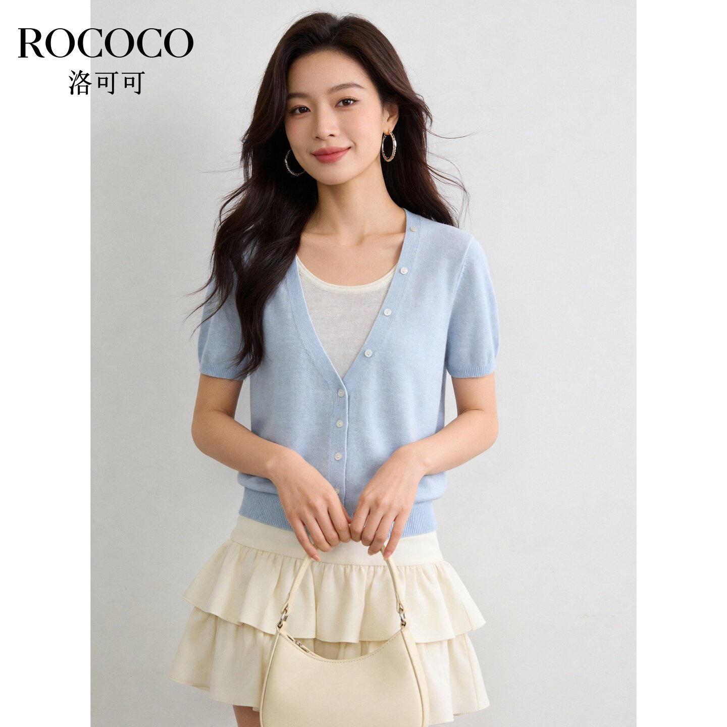 ROCOCO/洛可可假两件黑白条纹针织衫女夏季薄款显瘦短袖上衣