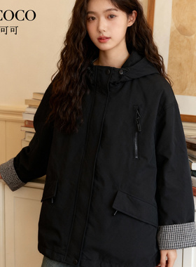 ROCOCO/洛可可2025连帽宽松防风百搭工装袖口格纹拼接短款羽绒服