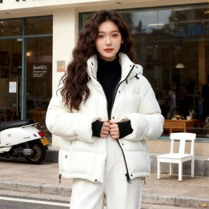 ROCOCO/洛可可连帽白色羽绒服冬季新款白鸭绒纯色短款小个子外套