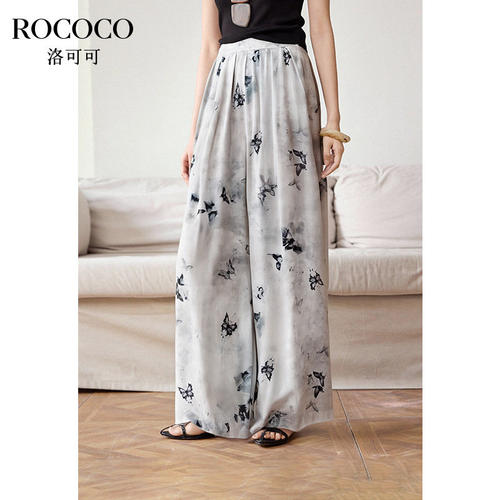 ROCOCO/洛可可莱赛尔蝴蝶印花阔腿裤夏季水墨晕染松紧腰长裤子女