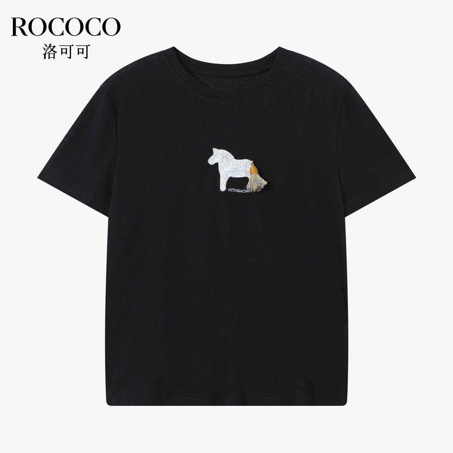 ROCOCO/洛可可韩系立体小马刺绣短袖T恤女宽松圆领白色上衣