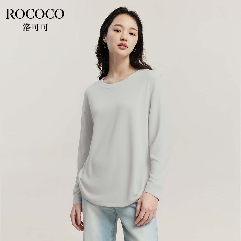 ROCOCO/洛可可春季新款圆领长袖打底衫百搭套头白色T恤宽松上衣女