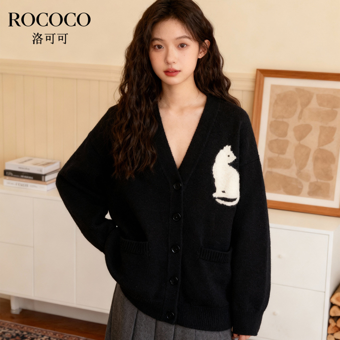 ROCOCO/洛可可2025秋V领猫咪刺绣针织衫女宽松慵懒风简约百搭上衣