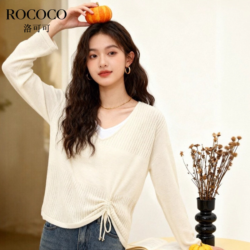 ROCOCO/洛可可秋季新款撞色假两件抽绳针织衫女早秋穿搭长袖上衣,女装/女士精品,毛针织衫,淘宝优惠券,粉丝福利购,淘宝优惠卷