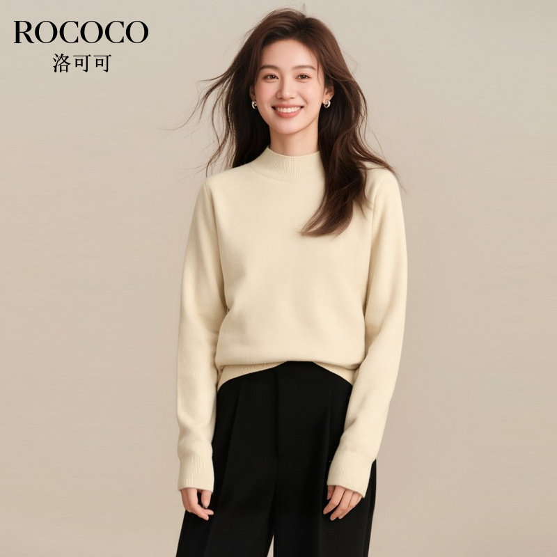 ROCOCO/洛可可绵羊毛圆领套头针织秋冬新款时尚宽松长袖短款毛衣