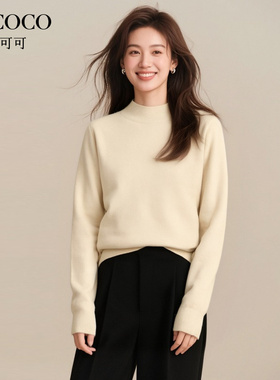 ROCOCO/洛可可绵羊毛圆领套头针织秋冬新款时尚宽松长袖短款毛衣