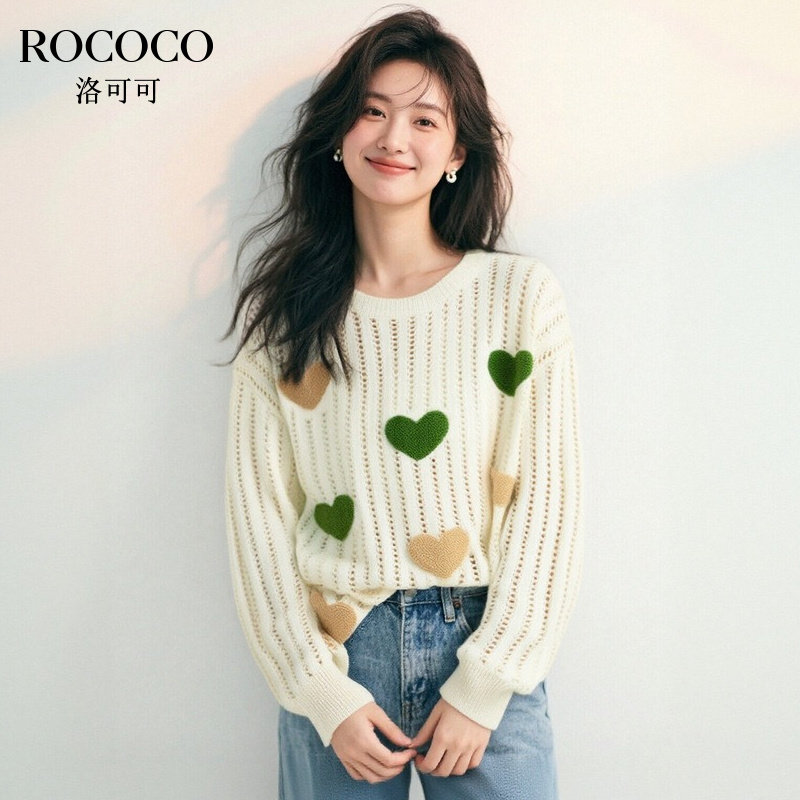 ROCOCO/洛可可绵羊毛爱心套头针织衫宽松镂空减龄上衣女2025新款