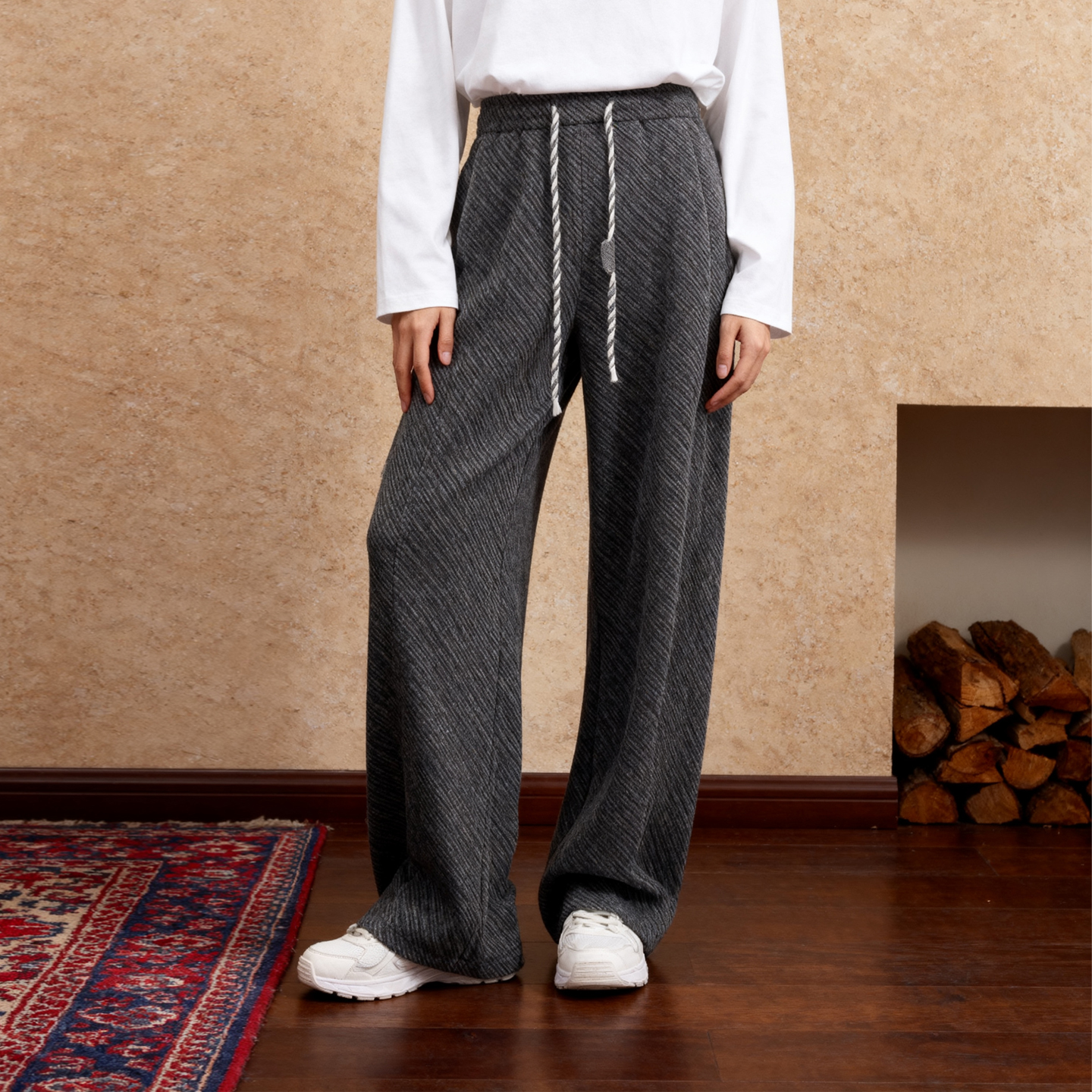 ROCOCO/洛可可设计感斜线条纹休闲裤新款小个子抽绳垂感阔腿卫裤