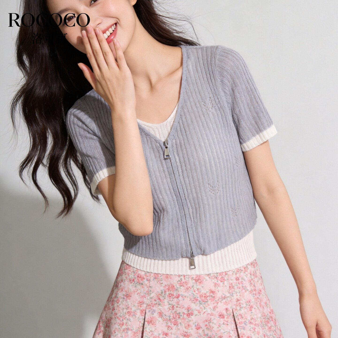 ROCOCO/洛可可双拉链假两件针织衫女夏薄款V领宽松短袖上衣