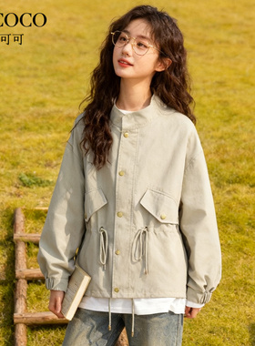 ROCOCO/洛可可2025新款休闲百搭灰绿色工装外套女抽绳大口袋上衣