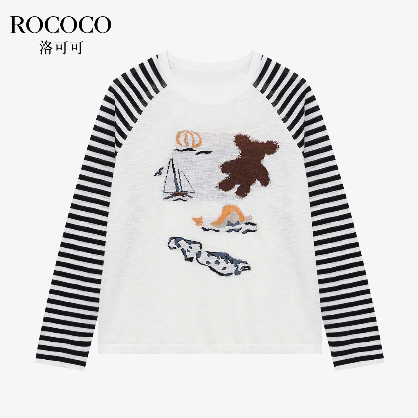 ROCOCO/洛可可经典蓝白条纹针织衫女夏卡通印花圆领长袖上衣