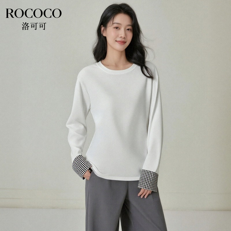 ROCOCO/洛可可拼接格子袖口圆领T恤女秋季新款简约宽松显瘦上衣