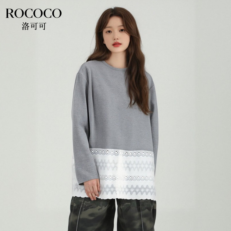 ROCOCO/洛可可蕾丝拼接撞色长袖T恤2025春季新款高级流行圆领上衣