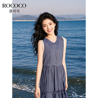 ROCOCO/洛可可蓝色格子无袖连衣裙2025夏季流行圆领拼接长款裙子