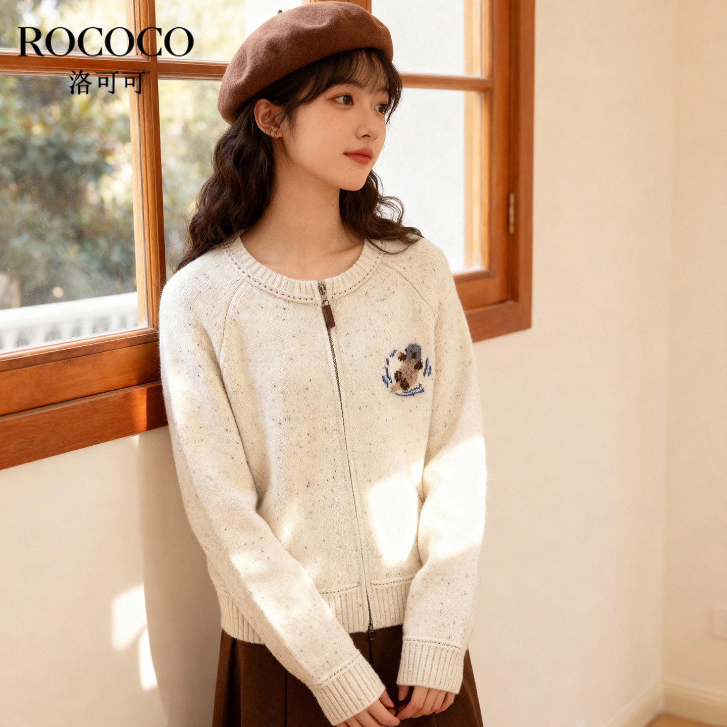 ROCOCO/洛可可小熊刺绣拉链针织开衫女新款宽松复古短款毛衣外套