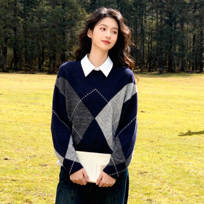 ROCOCO/洛可可秋冬菱格纹针织毛衣藏青灰撞色复古学院风宽松上衣