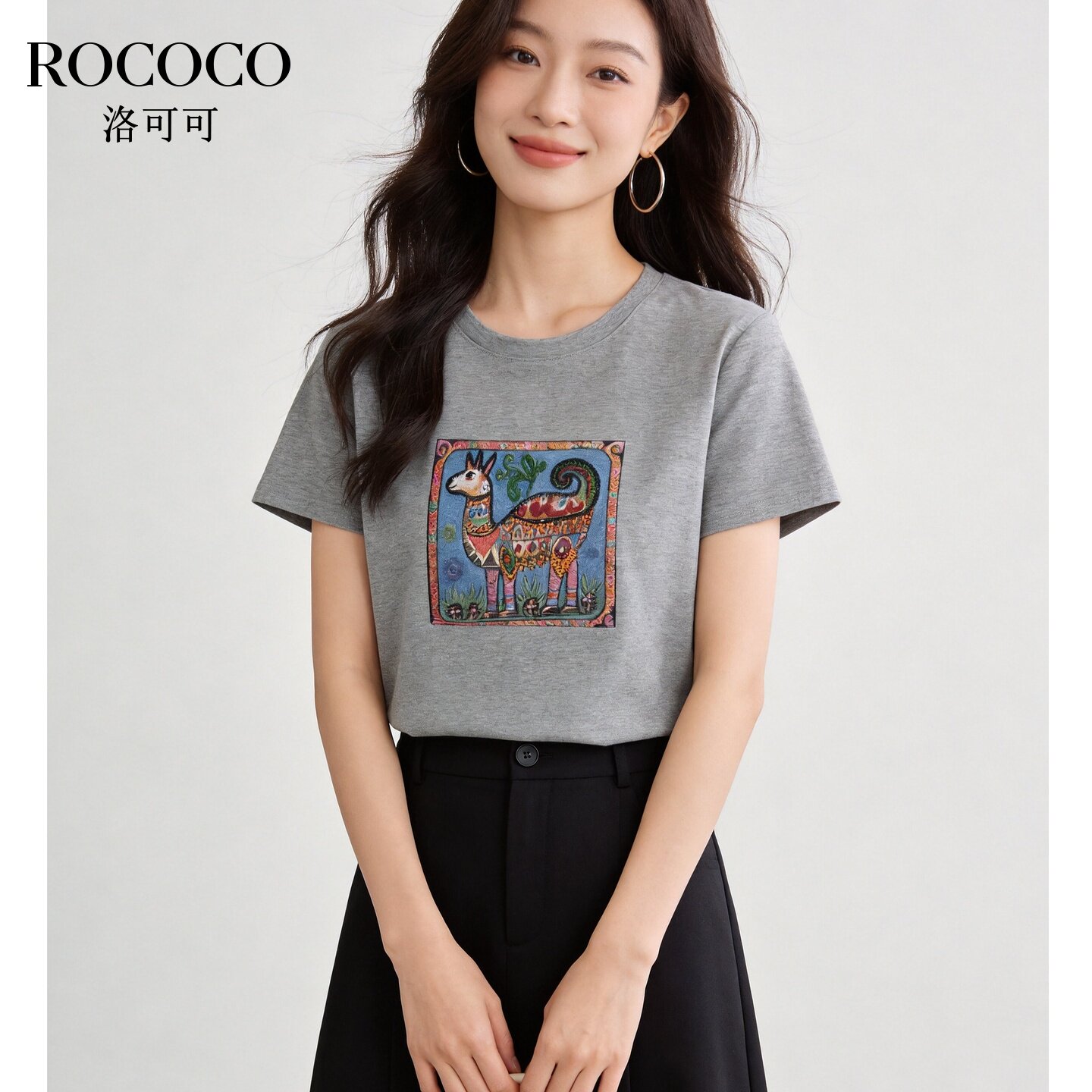 ROCOCO/洛可可复古民族风羊驼印花T恤女夏新款宽松短袖上衣