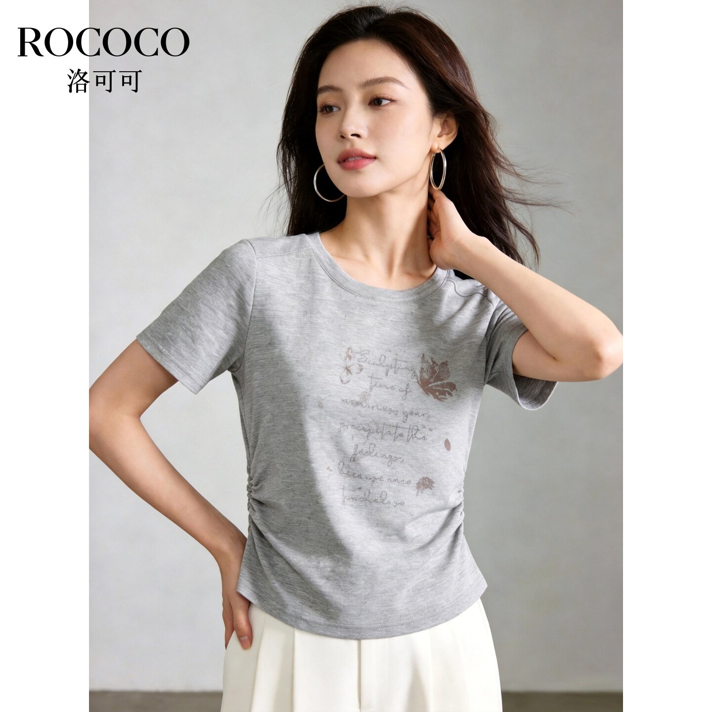 ROCOCO/洛可可复古印花灰色短袖T恤女夏季新款收腰捏褶上衣