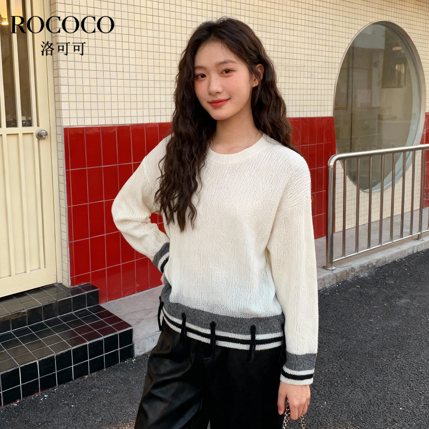 ROCOCO/洛可可2025秋新款流苏下摆针织衫女宽松圆领长袖套头上衣