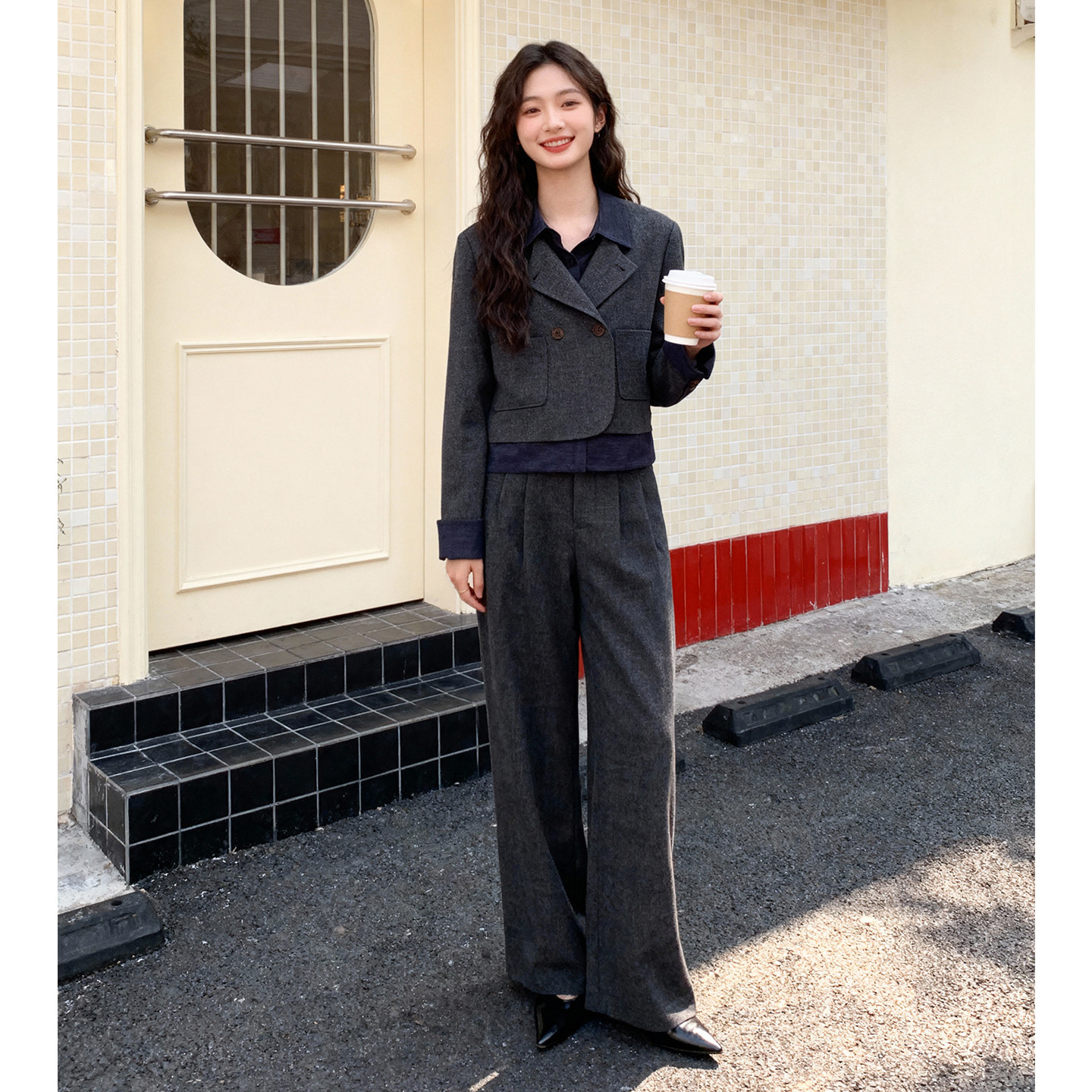 ROCOCO/洛可可25秋冬高级感西装套装女短款外套阔腿裤二件套