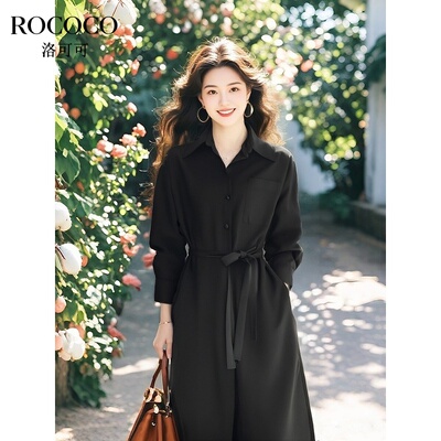 ROCOCO/洛可可莫代尔收腰长裙女2025夏季新款纯色气质翻领连衣裙