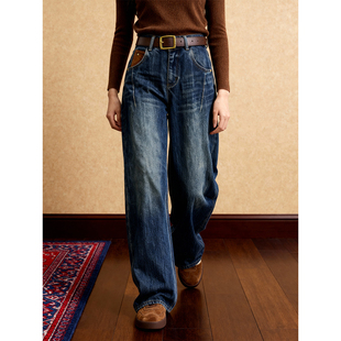 老爹裤 女设计感高腰直筒裤 洛可可复古加绒阔腿牛仔裤 ROCOCO