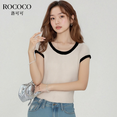 ROCOCO/洛可可圆领撞色针织衫背心女2025夏季新款修身显瘦短上衣