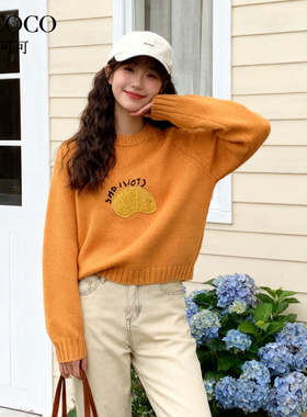 ROCOCO/洛可可2025秋橘子刺绣圆领毛衣女插肩袖套头加厚针织上衣