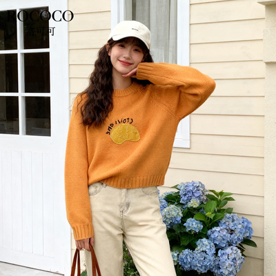 ROCOCO/洛可可2025秋橘子刺绣圆领毛衣女插肩袖套头加厚针织上衣