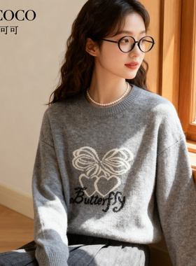 ROCOCO/洛可可2025秋新款红色字母刺绣套头毛衣女绵羊毛圆领上衣