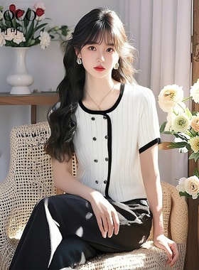 ROCOCO/洛可可撞色设计感针织衫女2025夏季新款小香风短袖上衣