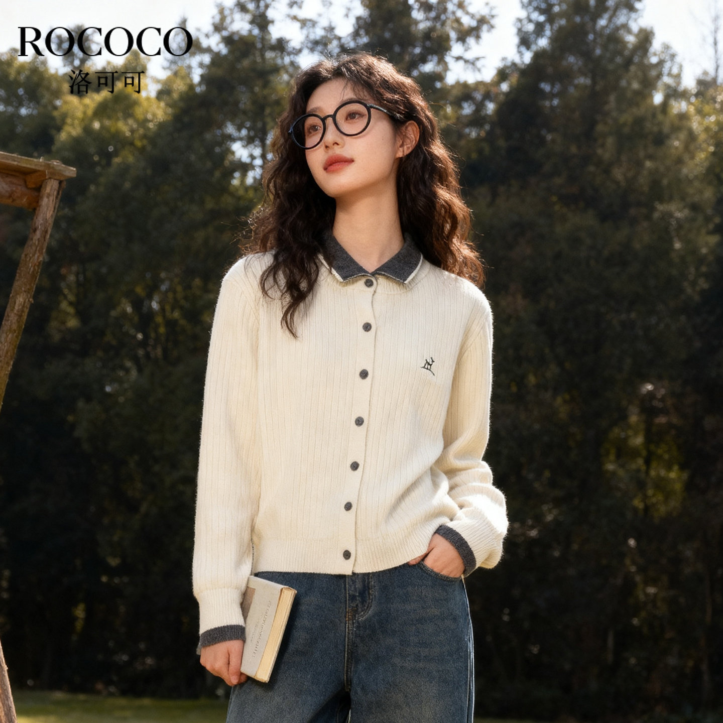 ROCOCO/洛可可2025秋季新款拼色翻领短款毛衣假两件开衫外套女