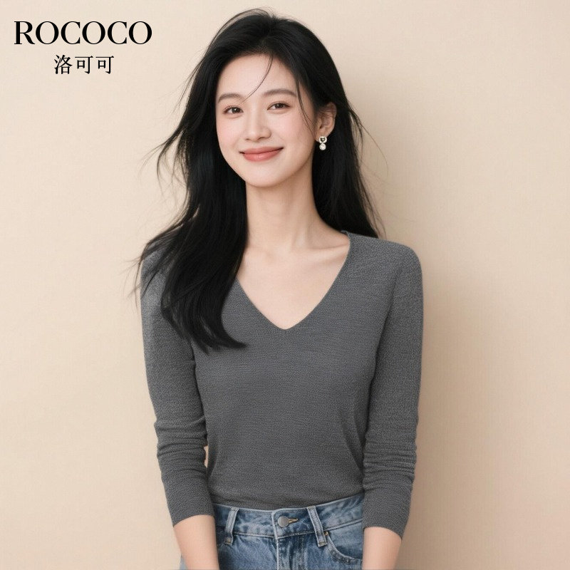 rococo/洛可可绵羊毛针织衫女纯色无缝一体百搭打底内搭简约上衣
