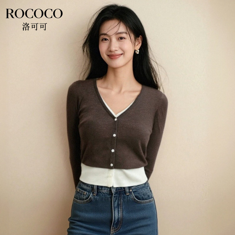 ROCOCO/洛可可假两件针织开衫女春秋新款设计感百搭v领长袖上衣