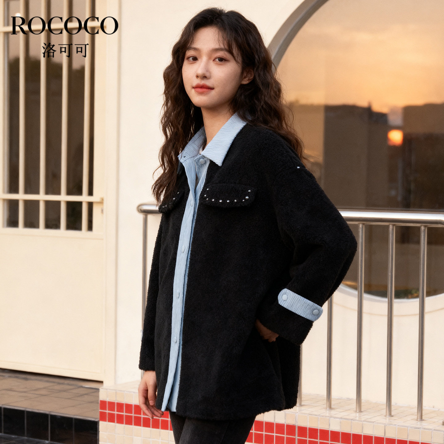 ROCOCO/洛可可2025秋新款假两件设计棉服女宽松简约加厚保暖外套