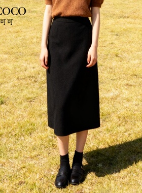 ROCOCO/洛可可黑色开叉中长款半身裙女秋季新款气质高腰包臀裙子